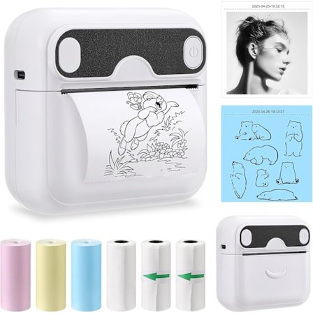 Mini Bærbar Termisk Printer, BT Trådløs Instant-Printer Uden Blæk med 6 Ruller Papir