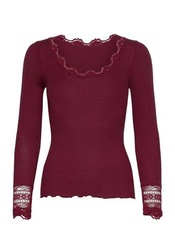 Silk T-Shirt W/ Lace T-shirts & Tops Long-sleeved Rød Rosemunde