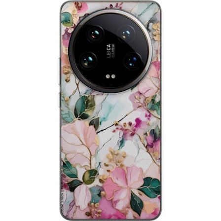 Kompatibel Mobilcover til Xiaomi 14 Ultra Abstrakt marmormønster med blomster, blade og gyldne detaljer i bløde pastelfarver