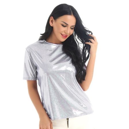 Dam T-shirts Metallic Top Crewneck glänsande T-shirts