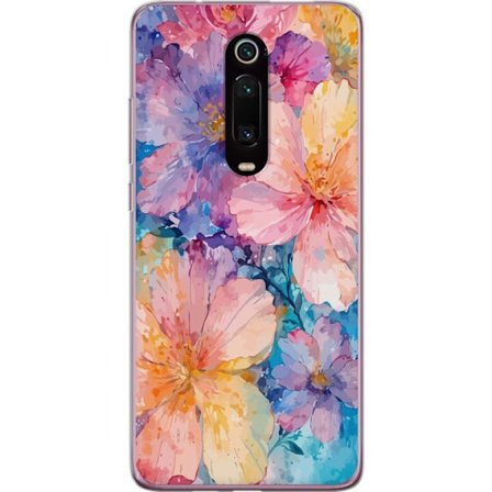 Yhteensopiva Puhelinkuori Xiaomi Xiaomi Mi 9T Pro Vesivärimaalaus suurilla kukilla vaaleanpunaisissa, sinisissä ja keltaisissa sävyissä pehmeäss