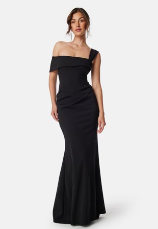Goddiva One Shoulder Bardot Pleat Maxi Black Klær