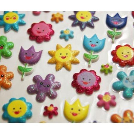 Återanvändbara klistermärken - 3D-relief - Blommor - Glitter