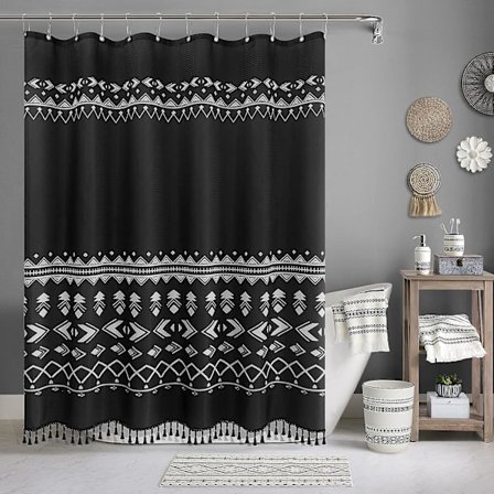 Bohemia badeforhængssæt med 12 kroge sort bondehus geometri B