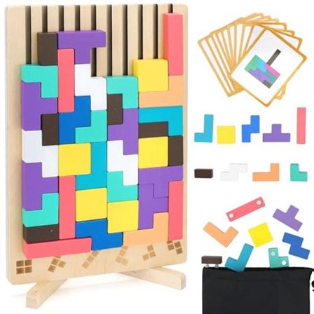 Tetrispussel i trä för barn, Montessori-spel med 10 utmaningskort och förvaringspåse