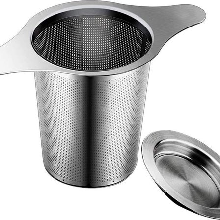 Te-sil i rustfritt stål, te-sil te-filter med dobbelthåndtak og dryppbrett