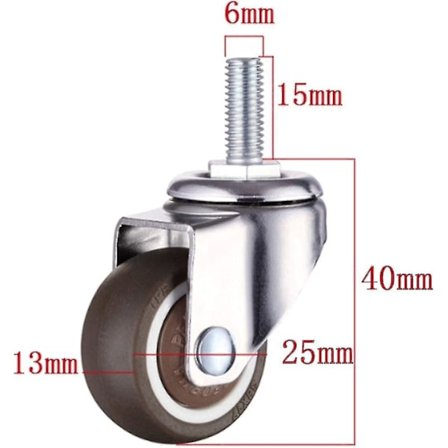 4 Pakke Møbelhjul med Sving - M6 X 15mm med 25mm Gjenge - Myk Gummi - Tpe Gjenge - Mini Møbelhjul (25mm)