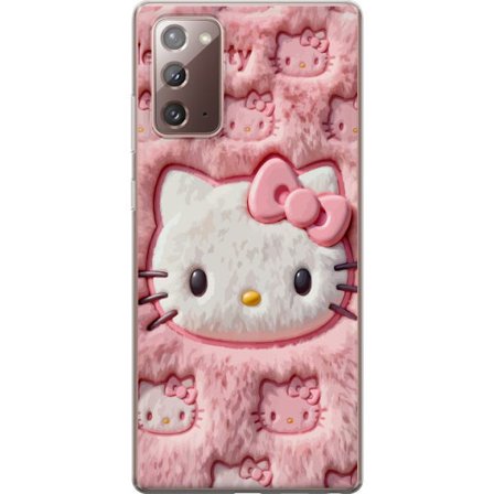 Yhteensopiva Puhelinkuori Samsung Galaxy Note20 Hello Kitty vaaleanpunainen pörröinen tausta, jossa on ikoninen kasvot ja kawaii-esteettisyys
