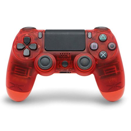 Läpinäkyvä punainen langaton ohjain, yhteensopiva PlayStation 4:n kanssa, värinällä, sisältää USB-latauskaapelin. Ergonominen muotoilu pelaamiseen