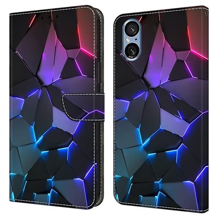 Sony Xperia 5 V Asia korttipaikka kuvio painettu joustava + vegaaninen nahka Flip Phone Cover - Siniset Halkeamat