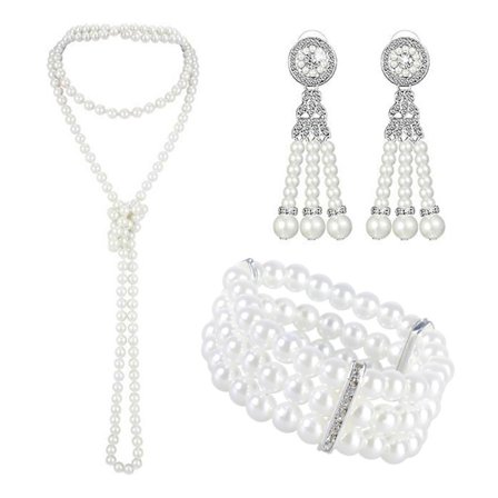 Vintage Flapper -asu 1920-luvun naisille, päähine, satiinikäsineet, korvakorut, kaulakoru, tanssiaistarvikesetti 23PESET687