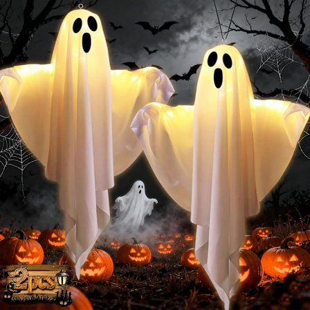 Halloween-koriste ulkokäyttöön, 2 kappaletta Fantasy Halloween -koristeita, 50x40cm riippuva LED-valolla, riippuvat koristeet puutarhaan