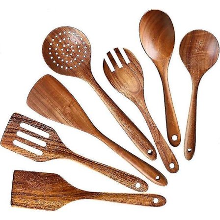 7 stk. Heilwiy Beste kjøkkenredskaper i tre, non-stick, matlagingsskjeer, trespatel, serveringsskje, gave