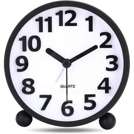 Stille analogt alarmur, sort metal stort 3D-tal, snooze-funktion, ikke-tikende bordur med nattelys sengeur 10,5 cm