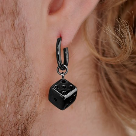 Pendiente de aro de acero negro con colgante de dado para hombres - Pendientes de aro con colgante