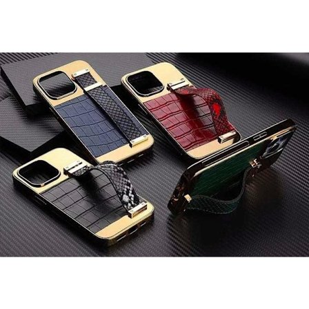 iPhone 13 cover vegansk læder med rem for godt greb guld