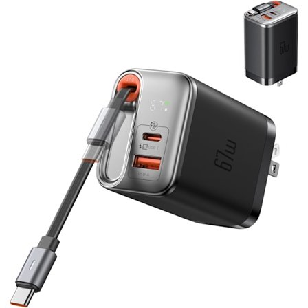2025 Siste Modell 67W USB C Laderblokk med Uttrekkbar Type-C Kabel, Dobbel Port (USB A+C) Sammenleggbar Vegglader GaN Hurtiglading Bolck