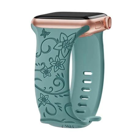 Blommig graverad rem för Apple Watch Band 40mm 44mm 41mm 49mm 45mm 38mm 42mm silikonarmband iwatch series 9 7 se 6 8 ultra 2 Morning glory Green 42mm 