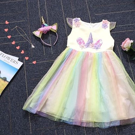 Barn Enhörning Kostym Klänning, Flicka Enhörning Kjol, Blommor Flicka Ärmlös Festkläder, Födelsedagskläder Festkläder, Enhörningshalsband (Gul)