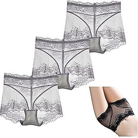 3 st Nät Genomskinliga Tummy Tucking Höftlyftande Trosor, damunderkläder Sexiga Spets Höga Trosor Briefs (XL Grå)
