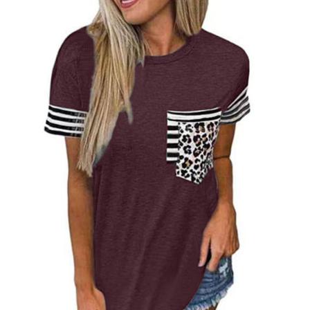 T-shirt För Kvinnor Med Rund Hals, Kort Ärm Randig Färgblock Leop