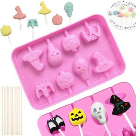 1 stk Halloween Silikon Sjokolade Lollipop Form - 8 Hulrom Gresskar, Hodeskalle, Flaggermus og Heksehatt Form Lollipop Form for DIY Sjokolade, Godteri