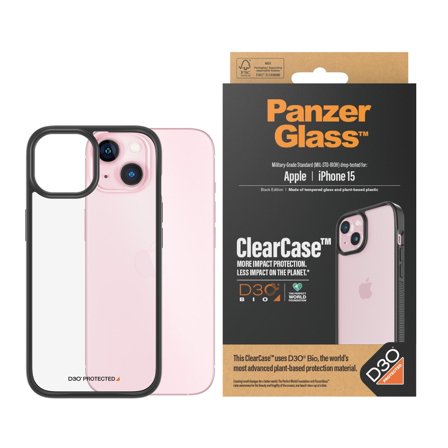 Panzer Transparent w. Black Frame & D3O iPhone 15 ClearCase PanzerGlass - High quality tempered glass screen protector Cover