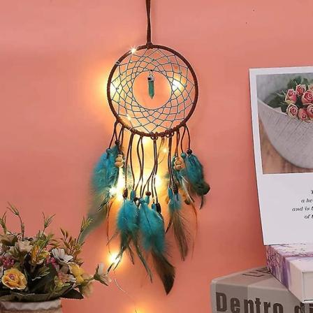 Unelma-amuletit LED-valolla, käsintehty unelma-amuletit höyhenillä, tyttöjen huone, makuuhuone, romanttinen sisustus, seinävaate, kodinsisustus, 