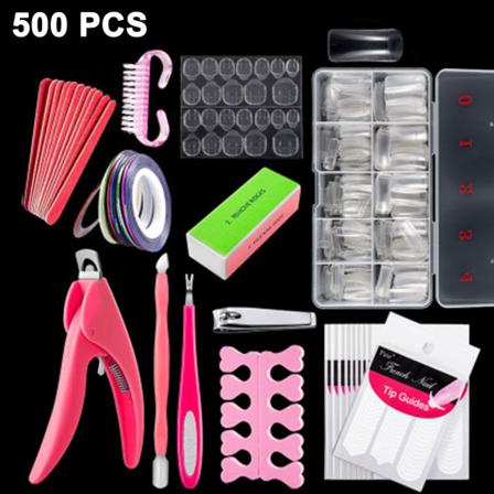 Stor uppsättning med 13 olika nagelverktyg Akrylnaglar 500 st, Falska nagelspetsar med nagelklippare och förvaringsfodral för nagelkonstsalong och