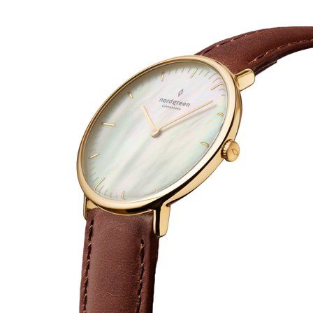 Nordgreen Scandinavian minimalist classic women's watch - Gold Case - Silver Dial - 28mm Brown Leather Watch Band Native White Dial