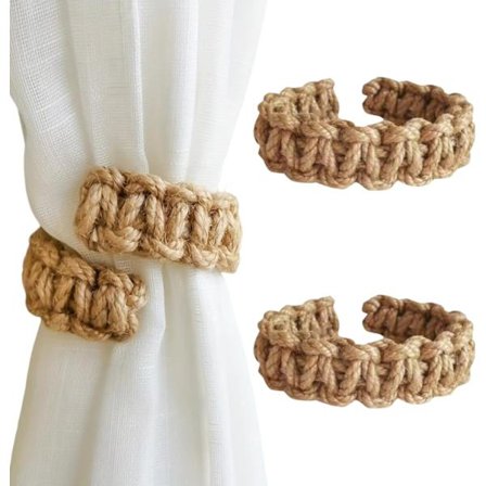 Flettede gardinbånd, rustikk boho-sett med 10 for lette gardiner, ingen veggmontering, brun
