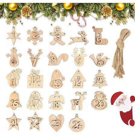 24 stk. adventskalender i tre med tall, juletre i tre