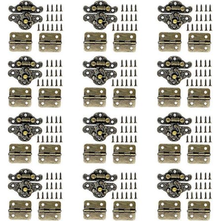 24 kpl Sarana korurasialle, 12 kpl Antiikkinen salvakoukku, pieni laatikko, metalliosat, koristeelliset puiset laatikon saranat ja salvat ruuveilla