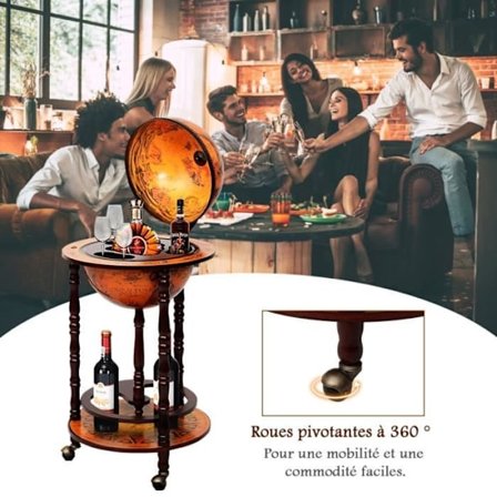 COSTWAY Vintage Terrestrial Globe Bar Verdenskort i Eucalyptus Wood Flaskeholder Minibar Rolling 16th Century