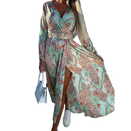 Dam Blommig V-ringad Klänning med Bälte