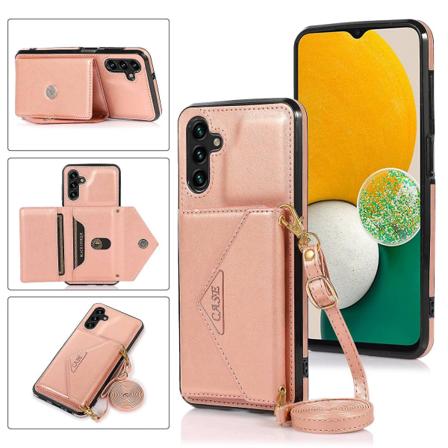 Til Samsung Galaxy A15 4G / 5G Etui Kortholder PU+TPU Cover med Skulderrem Rose Gold