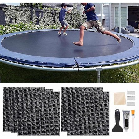 5 kpl Quick Trampoline Patch -korjaussarja 4 X 4 neliön muotoisia paikkoja sisältävä sarja liimasiveltimellä, kaapimella, käsineillä ja FCY:llä
