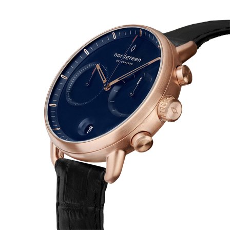 Nordgreen Men's Classic Large Wrist Watch Watch - Rose Gold Case - Navy Dial - Black Croc Leather Watch Strap Pioneer White Dial Chronograph