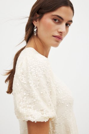 NA-KD Puff Sleeve Sequin Top - Festtoppe - Beige - S (EU 34-36)