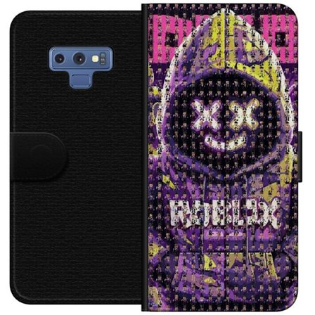 Kompatibel Tegnebogsetui til Samsung Galaxy Note9 Roblox hætte designet med hundredvis af små Roblox-figurer, kreativt mosaikdesign i lilla og gult