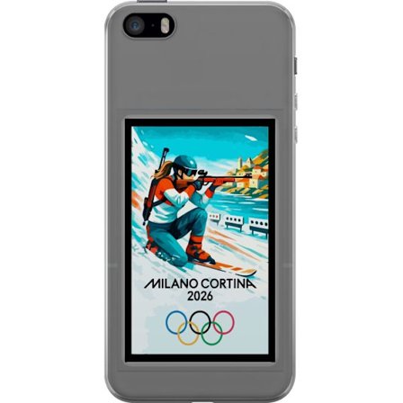 Yhteensopiva Puhelinkuori Apple iPhone 5s Retrojuliste Cortina Milano 2026 vuorilla, talviurheilijoilla, italiankoloreilla, Milanon tuomiokirkolla ja