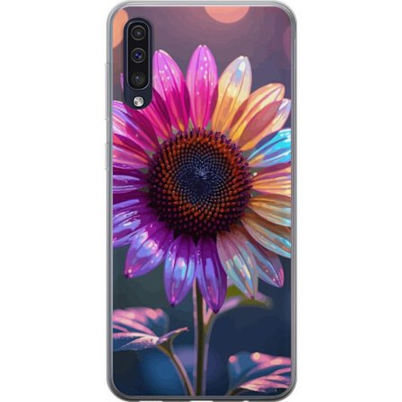 Kompatibelt Mobildeksel til Samsung Galaxy A50 Irideserende blomst med glitrende kronblad i rosa lilla og gull mot myk bokeh bakgrunn