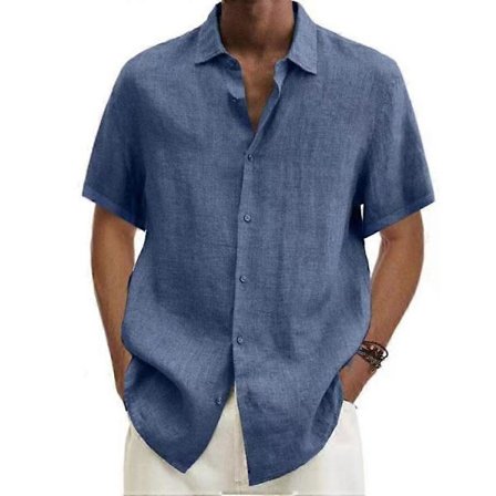Sommer skjorte med krage og knapper i bomulls-linblanding, ensfarget herre-topp, blå