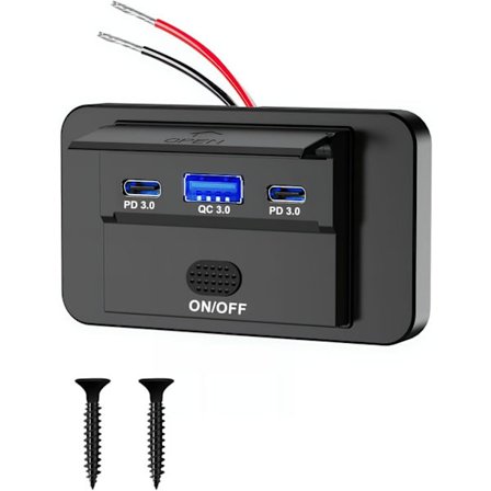 USB-liitäntä 12V 90W asuntoautoon, jossa kaksi USB-C PD 36W -liitäntää ja QC 3.0 18W, paneeliliitäntä kytkimellä, pinta-asennettava adapteri autoon, 