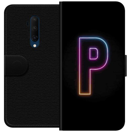 Kompatibel Tegnebogsetui til OnePlus OnePlus 7T Pro Minimalistisk neonbogstav P i farvegradient og lyseffekt mod sort baggrund i digital neonstil