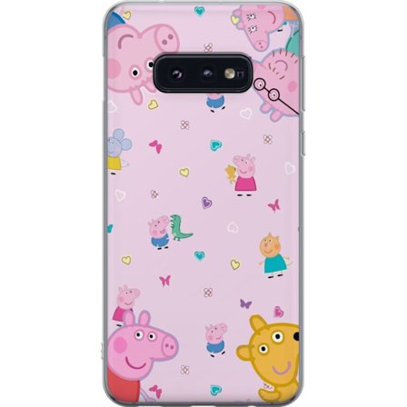 Kompatibelt Mobildeksel til Samsung Galaxy S10e Peppa Gris med en baby i armene, mamma gris motiv i fargerik og myk barneillustrasjon med hjerter