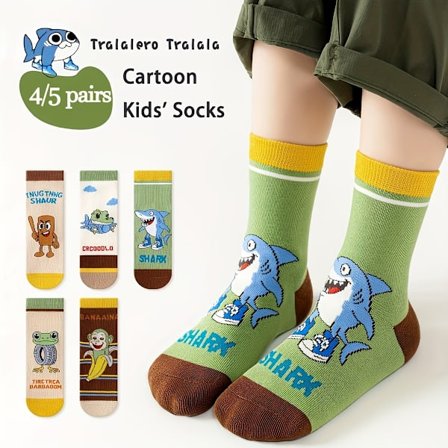 4/5 Par Pojkars Tecknade Mellanhöga Strumpor | Dopaminfärgade Barnstrumpor för Åldrarna 3-12, Hela Säsongen, Trendiga Strumpskydd, Elastan, 