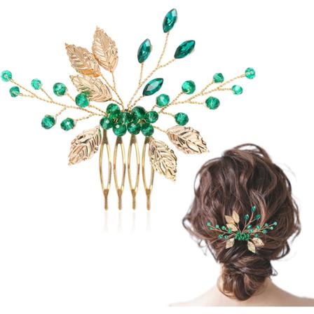 Bröllopshårtillbehör för brudar, gyllene blad gröna smaragdkristallhårnål brud bröllopshårskjutkam vintage hårdelar strass gold & green