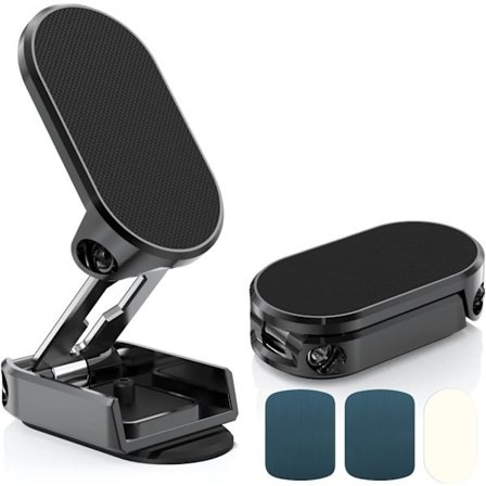 Biltelefonholder, Sammenklappelig magnetisk telefonholder i legering, 360° drejelig, til alle smartphones (1 stk. - Sort)