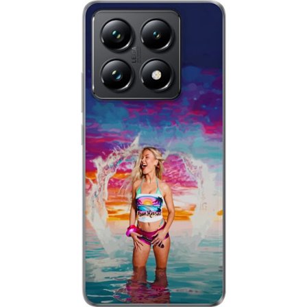 Kompatibelt Mobildeksel til Xiaomi 14T Blond kvinne i fargerik strandantrekk som leker i havet ved solnedgang